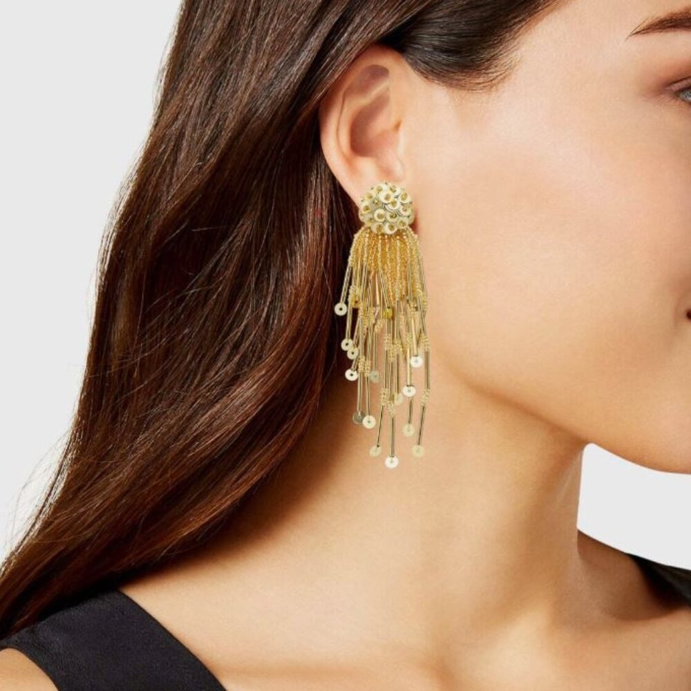 KATE SPADE "Glitzville" Gold Sequin & Beaded Long Tassel Earrings